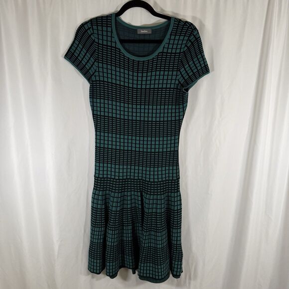 Neiman Marcus Midi Dress Women's Medium Green Black Plaid Short Sleeve Round Nck - Picture 1 of 10